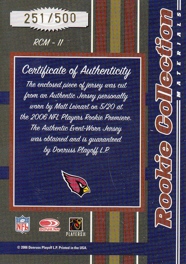 2006 Donruss Threads Rookie Collection Materials #11 Matt Leinart back image
