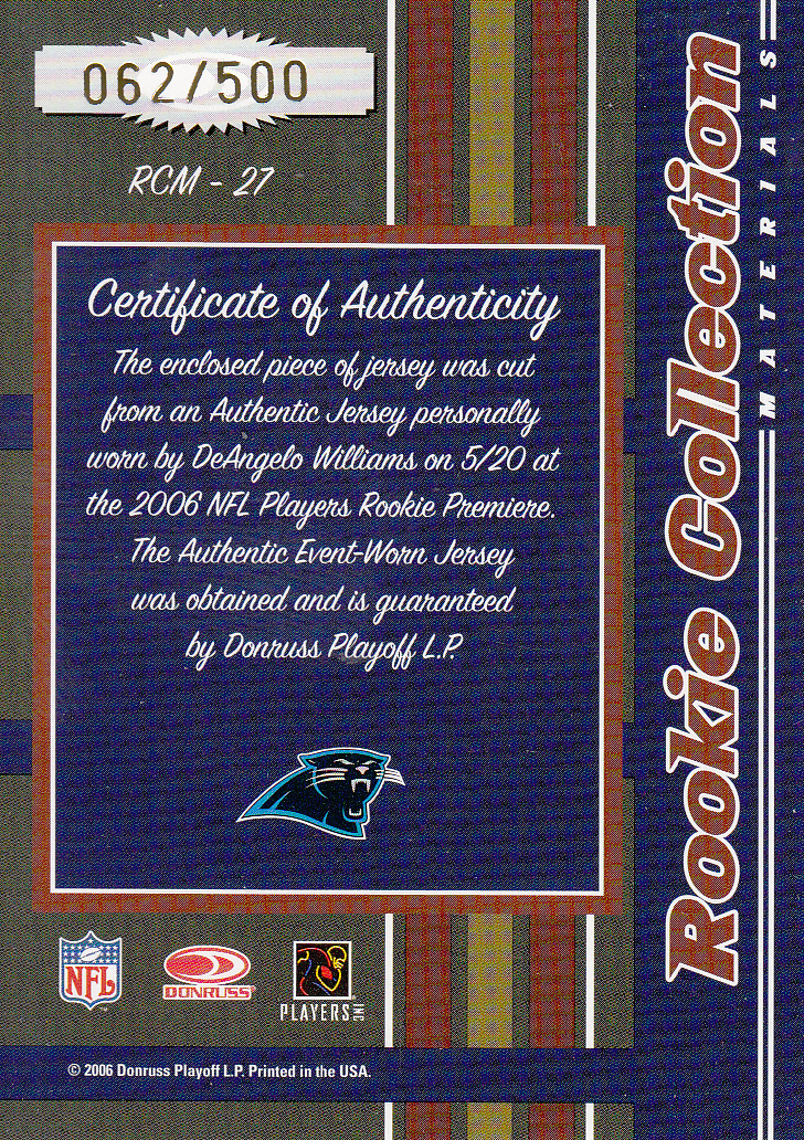 2006 Donruss Threads Rookie Collection Materials #27 DeAngelo Williams back image