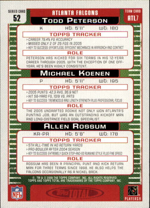 2006 Topps Total #52 Allen Rossum/Todd Peterson/Michael Koenen RC back image