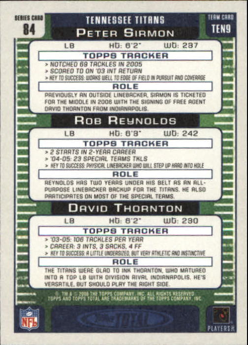 2006 Topps Total #84 David Thornton/Rob Reynolds RC/Peter Sirmon back image