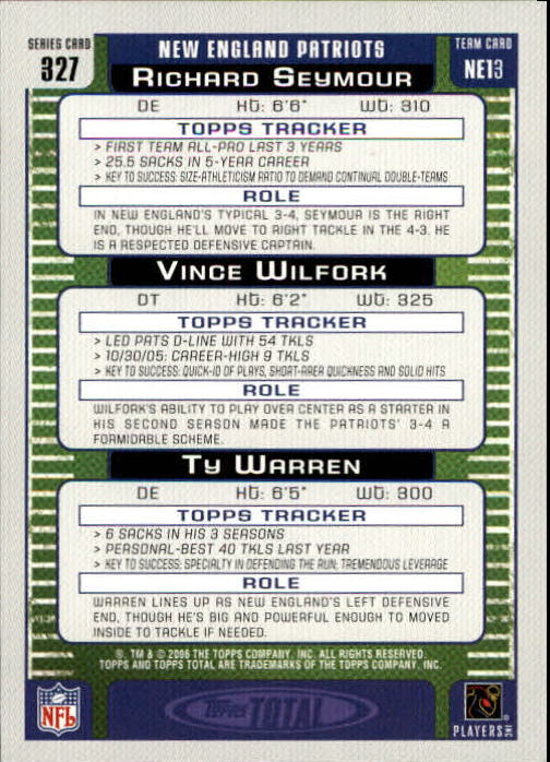 2006 Topps Total #327 Richard Seymour/Ty Warren/Vince Wilfork back image