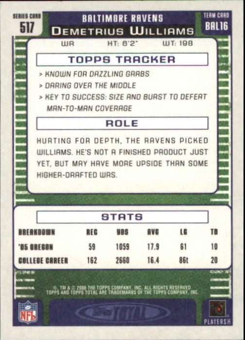 B1210- 2006 Topps Total FB Cards 401-556 +Inserts -You Pick- 15+ FREE US SHIP - Picture 205 of 336
