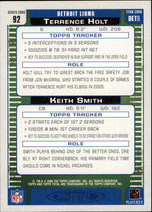 2006 Topps Total Red #92 Keith Smith/Terrence Holt back image