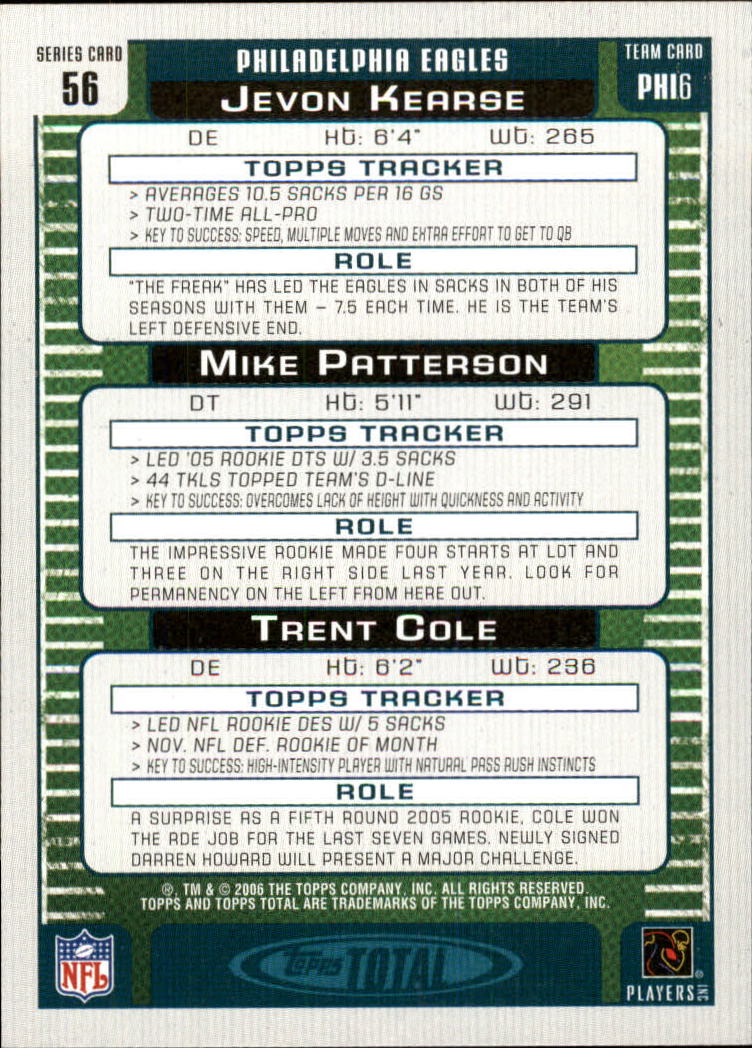 2006 Topps Total Silver #56 Trent Cole/Jevon Kearse/Mike Patterson back image