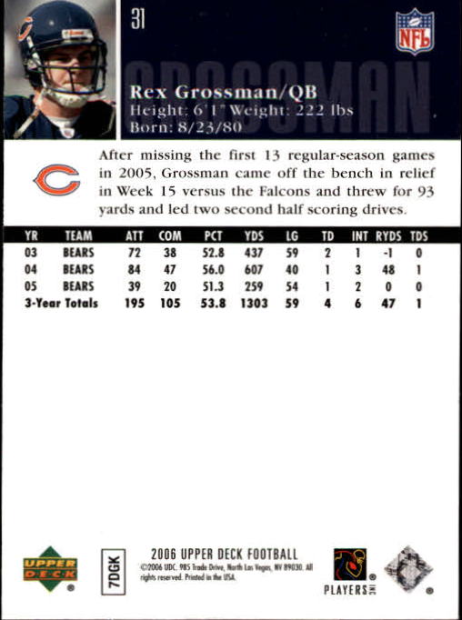 2006 Upper Deck #31 Rex Grossman back image