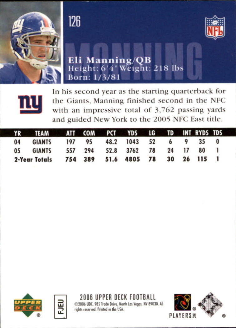 2006 Upper Deck #126 Eli Manning back image