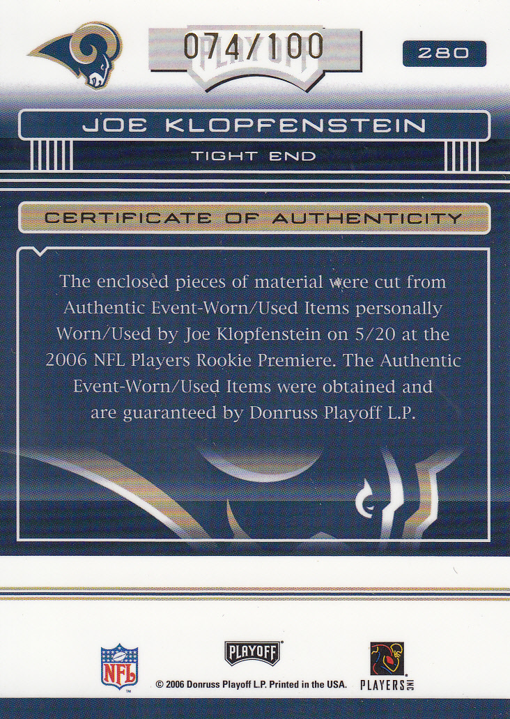 2006 Absolute Memorabilia Rookie Premiere Materials Autographs #280 Joe Klopfenstein back image