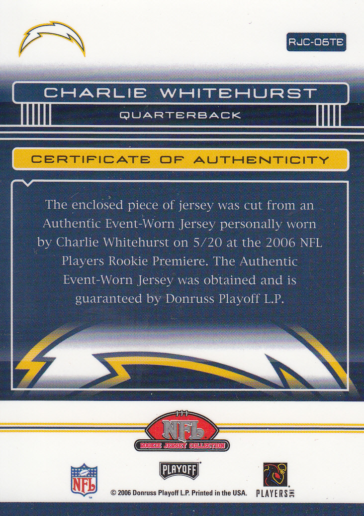 2006 Absolute Memorabilia Rookie Jerseys #6TE Charlie Whitehurst back image