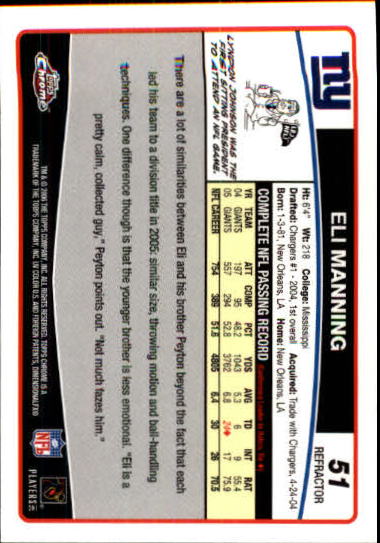 2006 Topps Chrome Refractors #51 Eli Manning back image