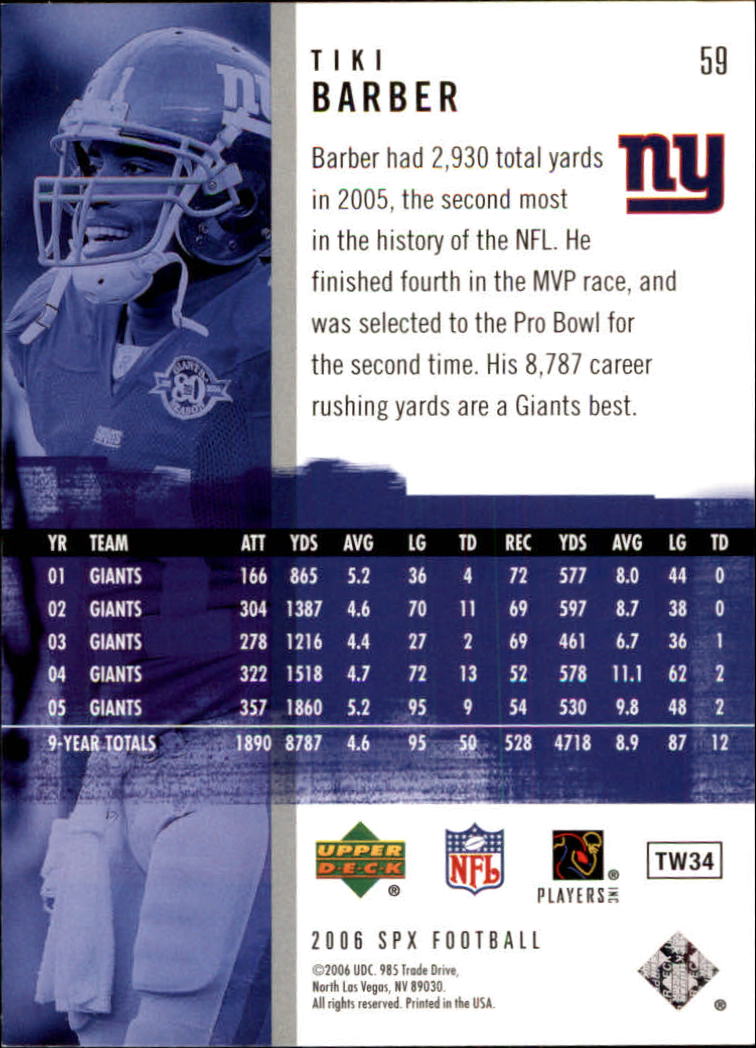 2006 SPx (Upper Deck) Football "Main Set" Cards #1 to #180 - Picture 119 of 231
