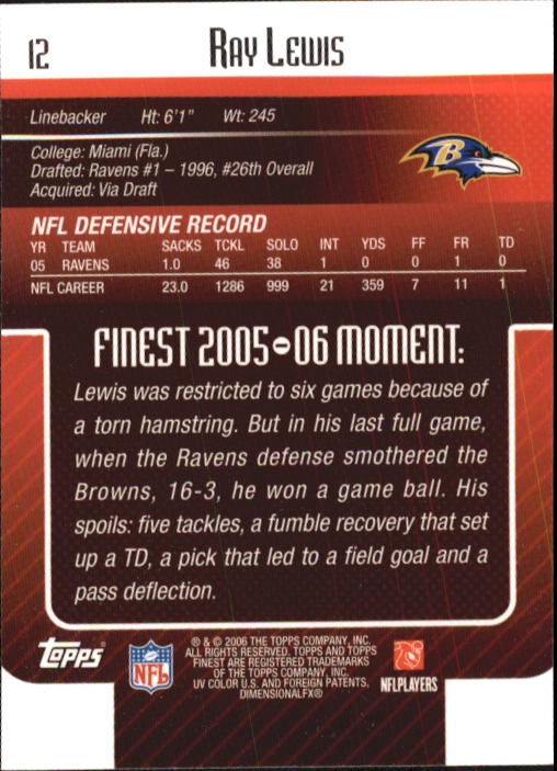 2006 Finest #12 Ray Lewis back image