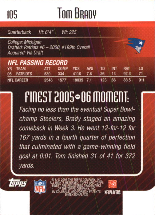 2006 Finest #105 Tom Brady back image