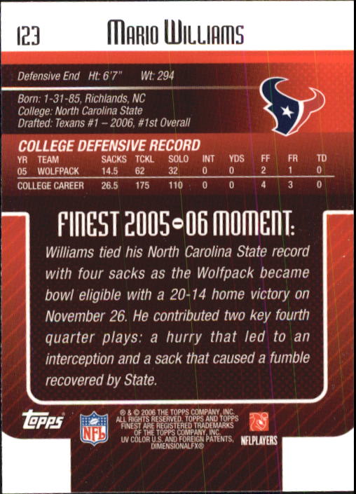2006 Finest #123 Mario Williams RC back image
