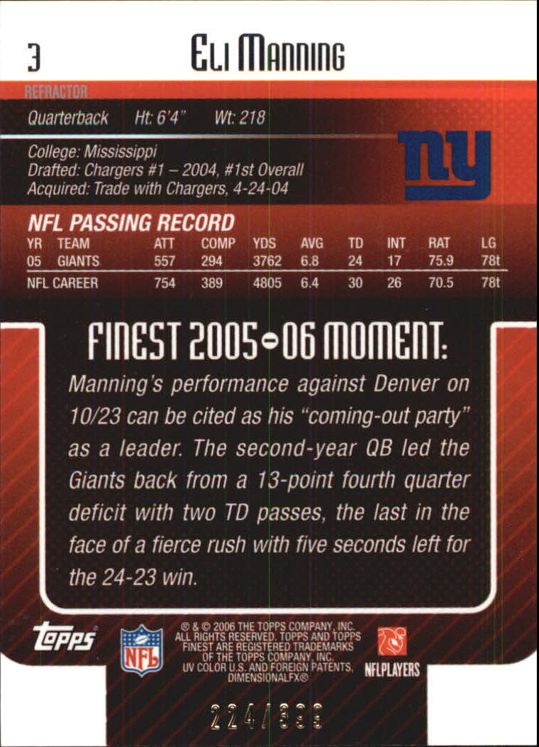 2006 Finest Refractors #3 Eli Manning back image