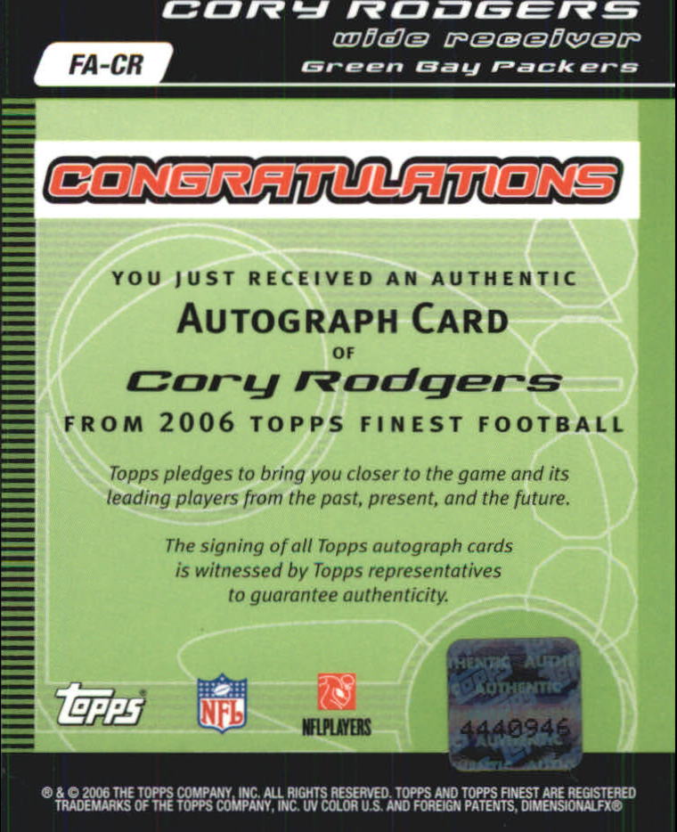 2006 Finest Autographs Refractor #FACR Cory Rodgers C back image