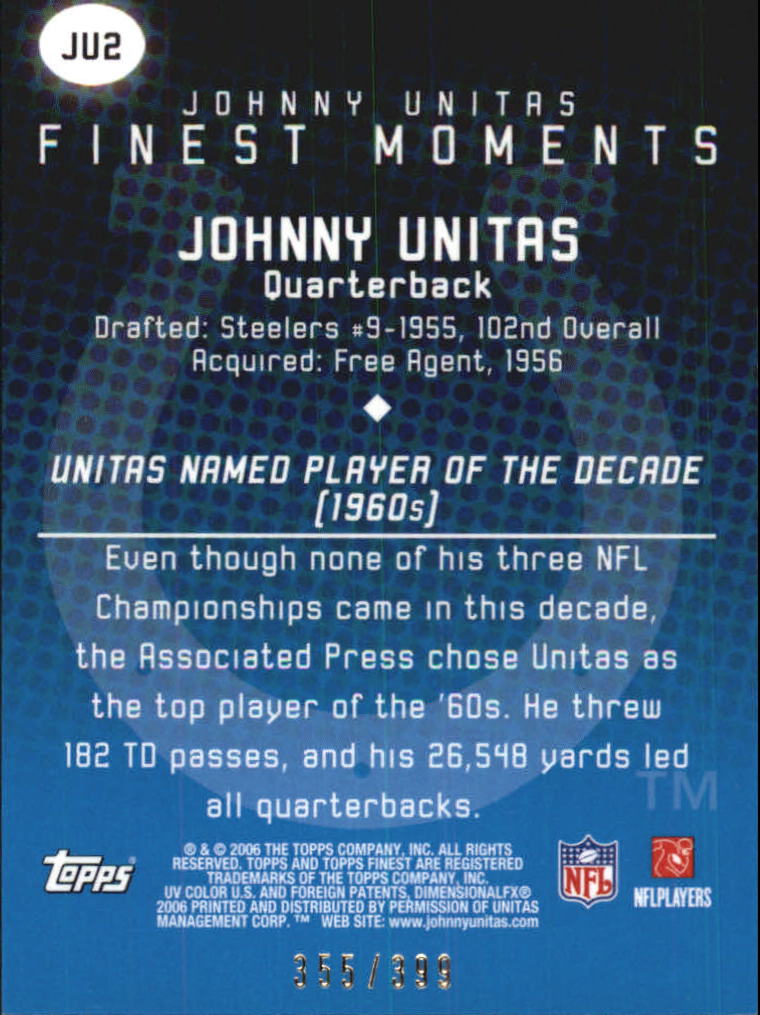 2006 Finest Johnny Unitas Finest Moments Refractors #JU2 Johnny Unitas back image