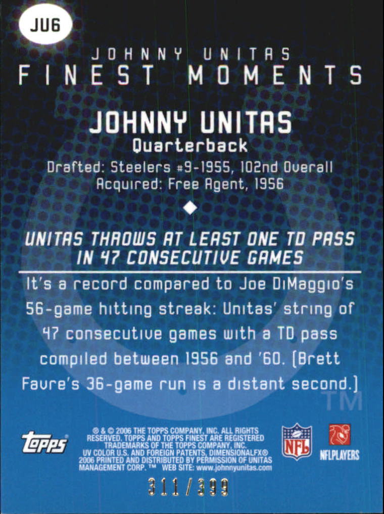 2006 Finest Johnny Unitas Finest Moments Refractors #JU6 Johnny Unitas back image