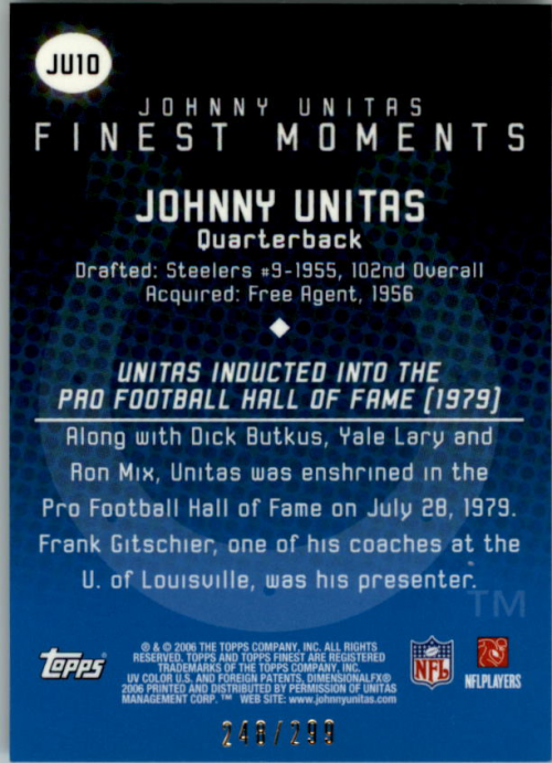 2006 Finest Johnny Unitas Finest Moments Blue Refractors #JU10 Johnny Unitas back image