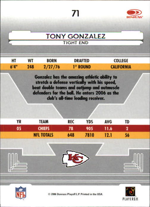 2006 Leaf Certified Materials #71 Tony Gonzalez back image