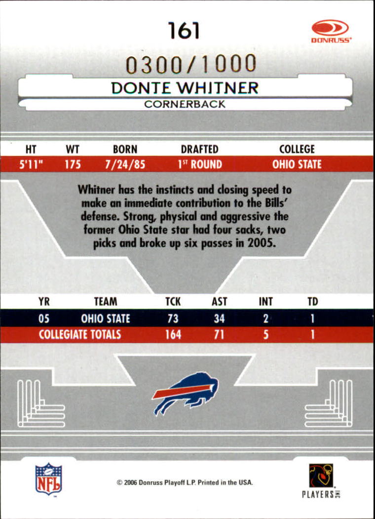 2006 Leaf Certified Materials #161 Donte Whitner/1000 RC back image