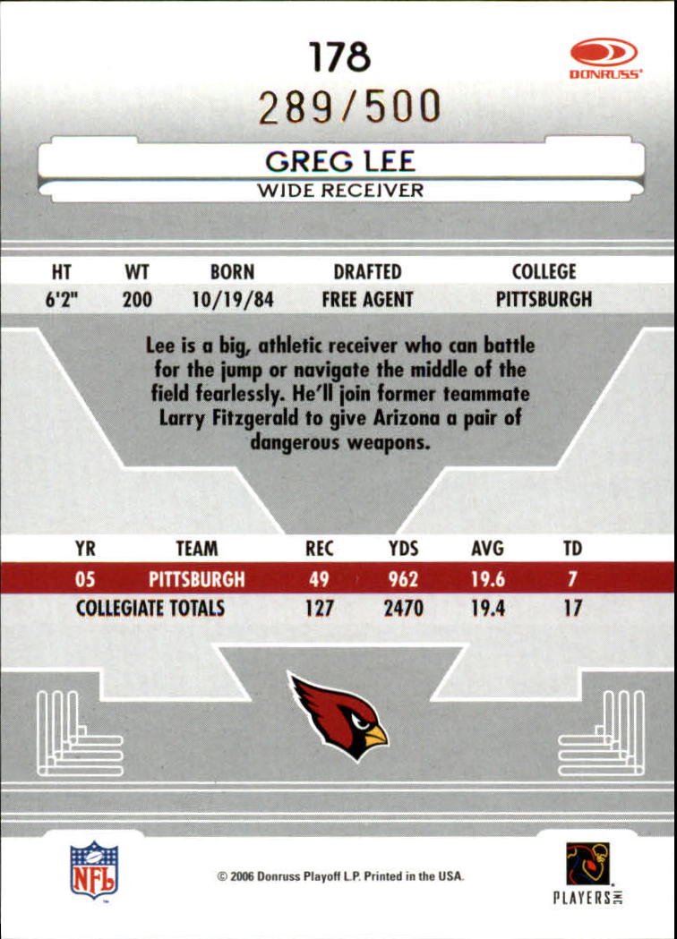 2006 Leaf Certified Materials #178 Greg Lee/500 RC back image