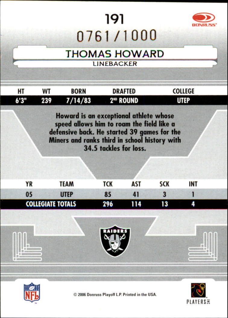 2006 Leaf Certified Materials #191 Thomas Howard/1000 RC back image