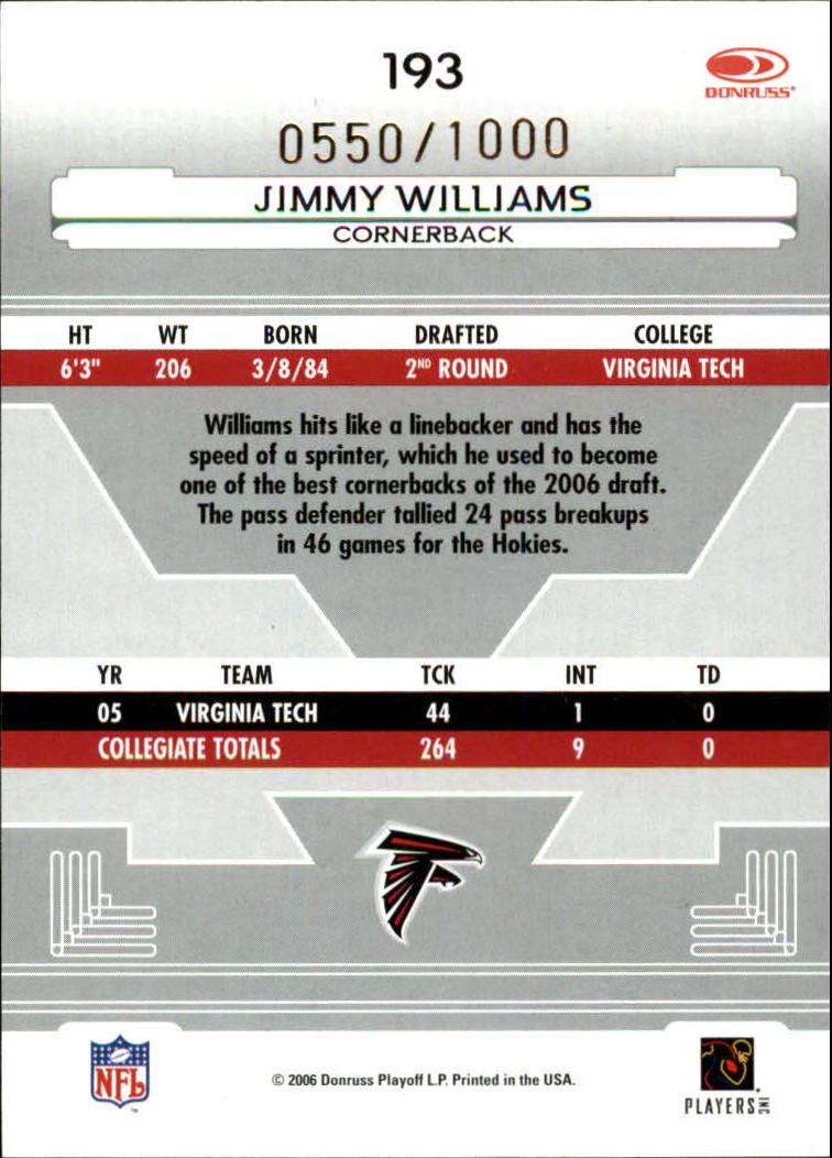 2006 Leaf Certified Materials #193 Jimmy Williams/1000 RC back image