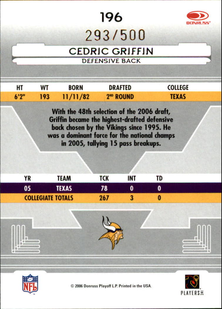 2006 Leaf Certified Materials #196 Cedric Griffin/500 RC back image
