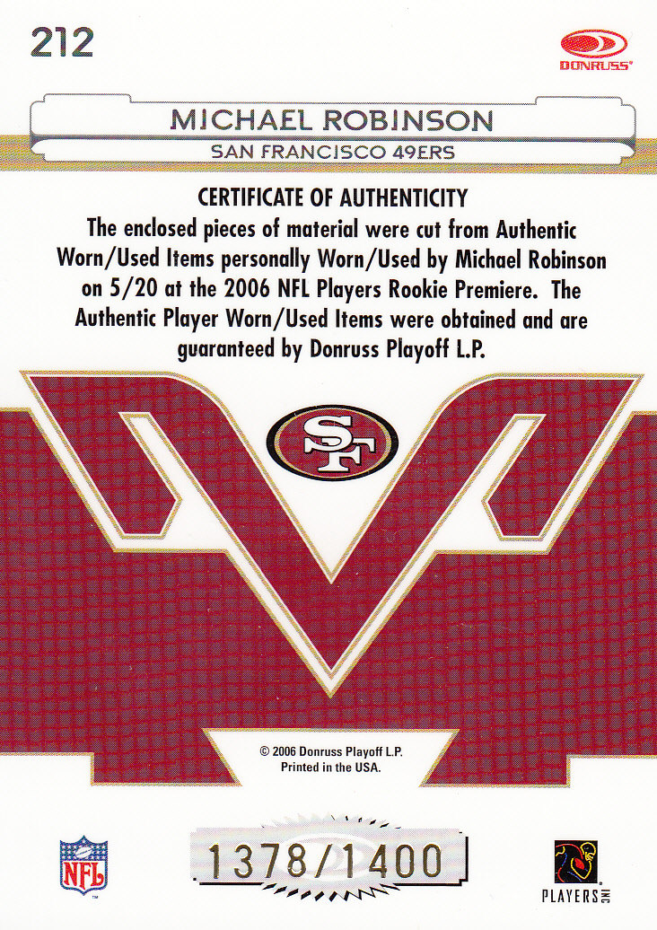 2006 Leaf Certified Materials #212 Michael Robinson JSY/1400 RC back image