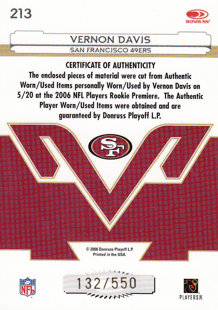 2006 Leaf Certified Materials #213 Vernon Davis JSY/550 RC back image