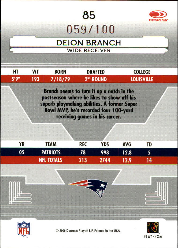 2006 Leaf Certified Materials Mirror Red #85 Deion Branch back image