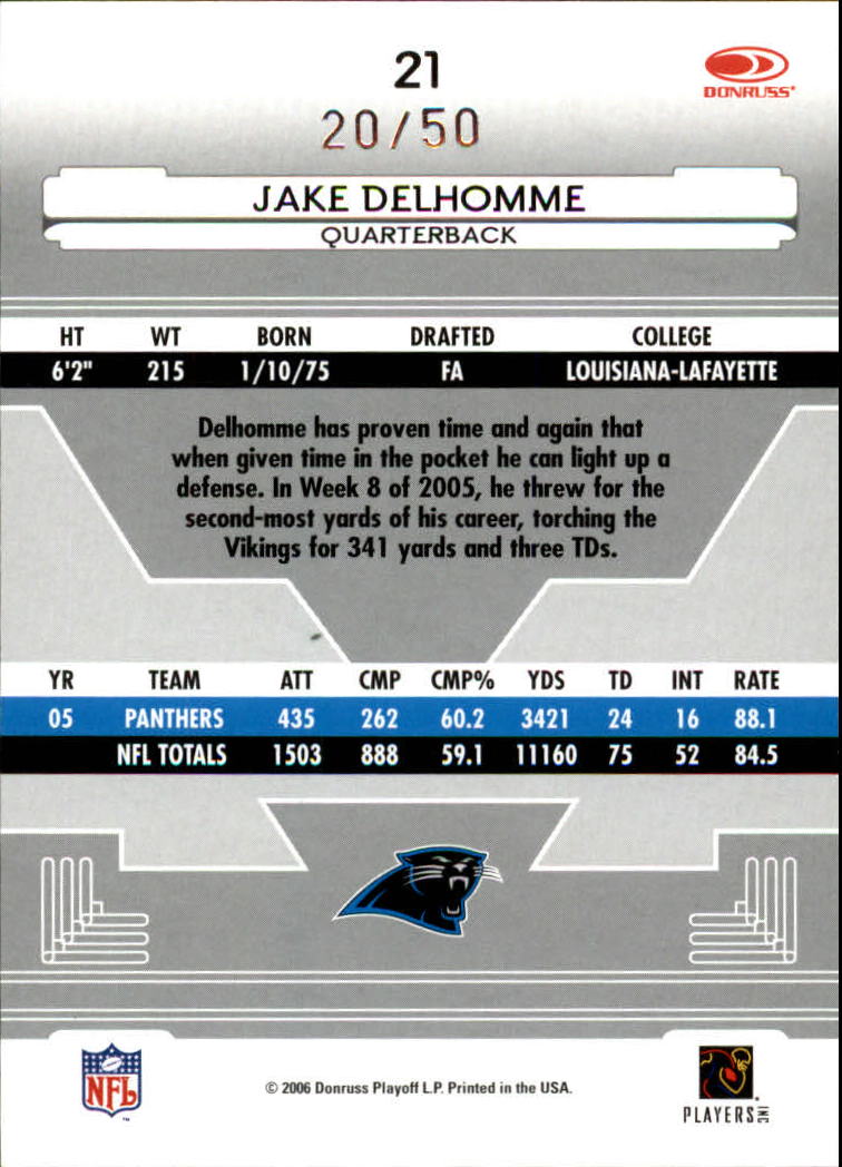 2006 Leaf Certified Materials Mirror Blue #21 Jake Delhomme back image