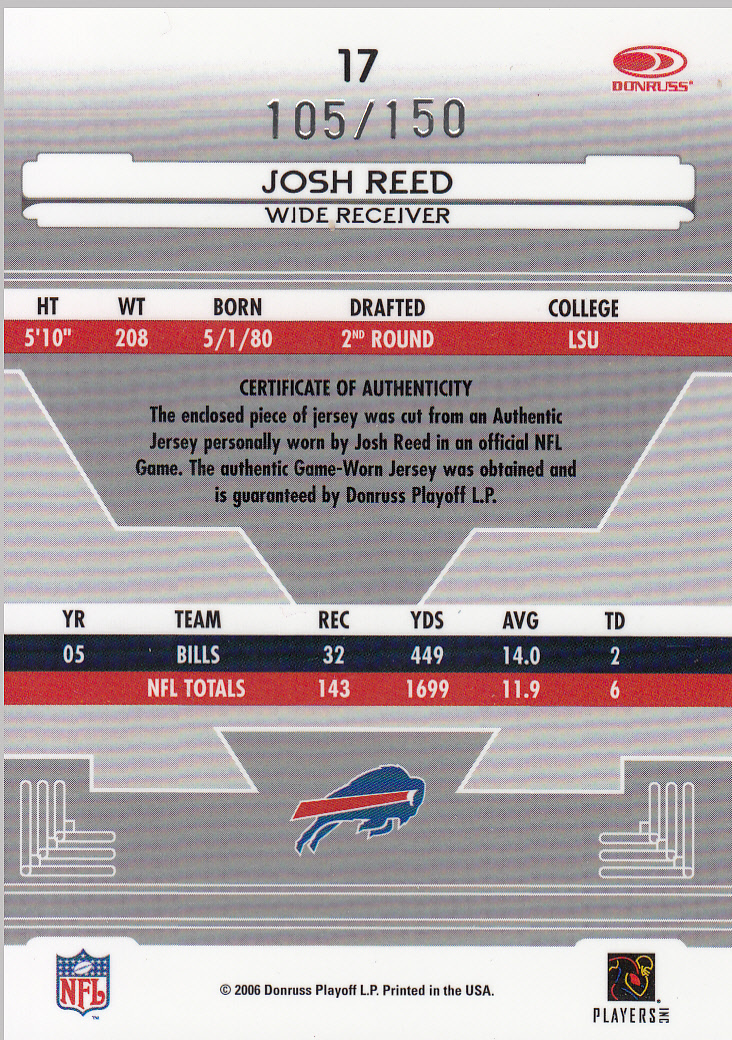 2006 Leaf Certified Materials Mirror Red Materials #17 Josh Reed back image