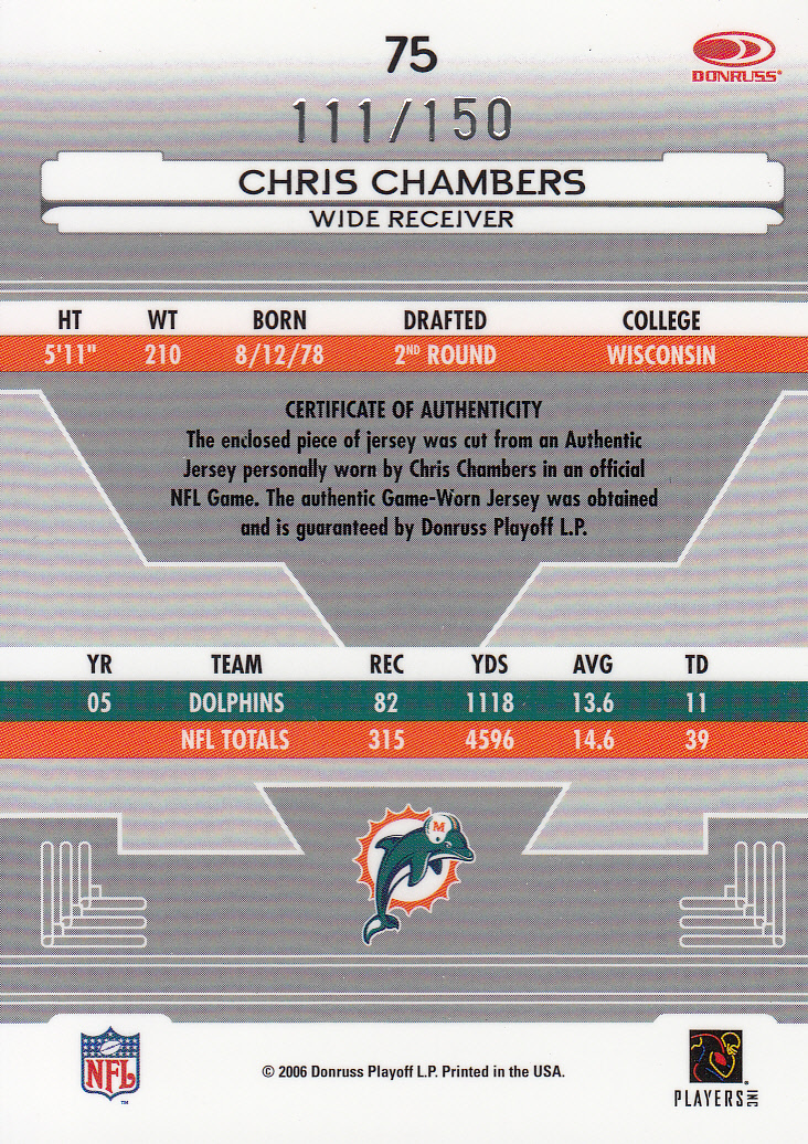 2006 Leaf Certified Materials Mirror Red Materials #75 Chris Chambers back image