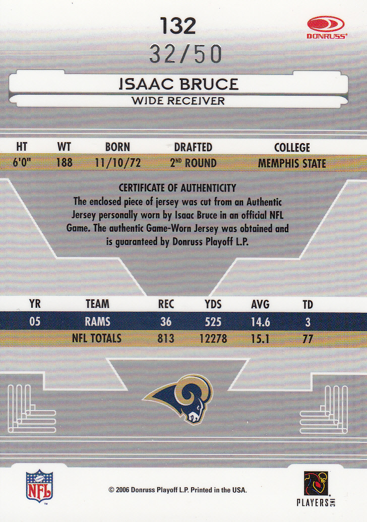 2006 Leaf Certified Materials Mirror Blue Materials #132 Isaac Bruce back image