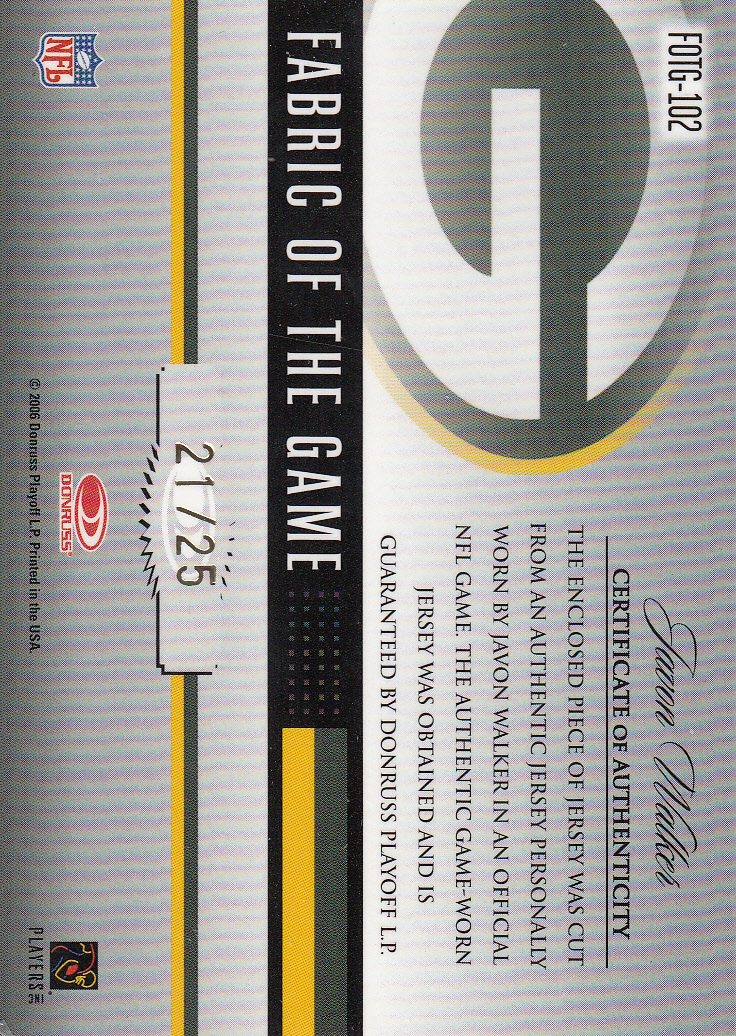 2006 Leaf Certified Materials Fabric of the Game Prime #102 Javon Walker back image