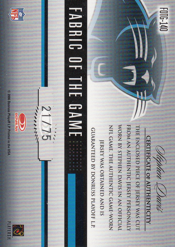 2006 Leaf Certified Materials Fabric of the Game Football Die Cut #140 Stephen Davis/75 back image