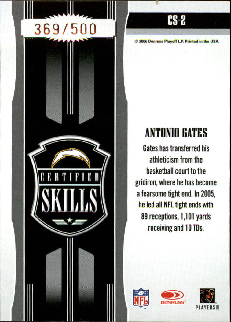 2006 Leaf Certified Materials Certified Skills Mirror #2 Antonio Gates back image