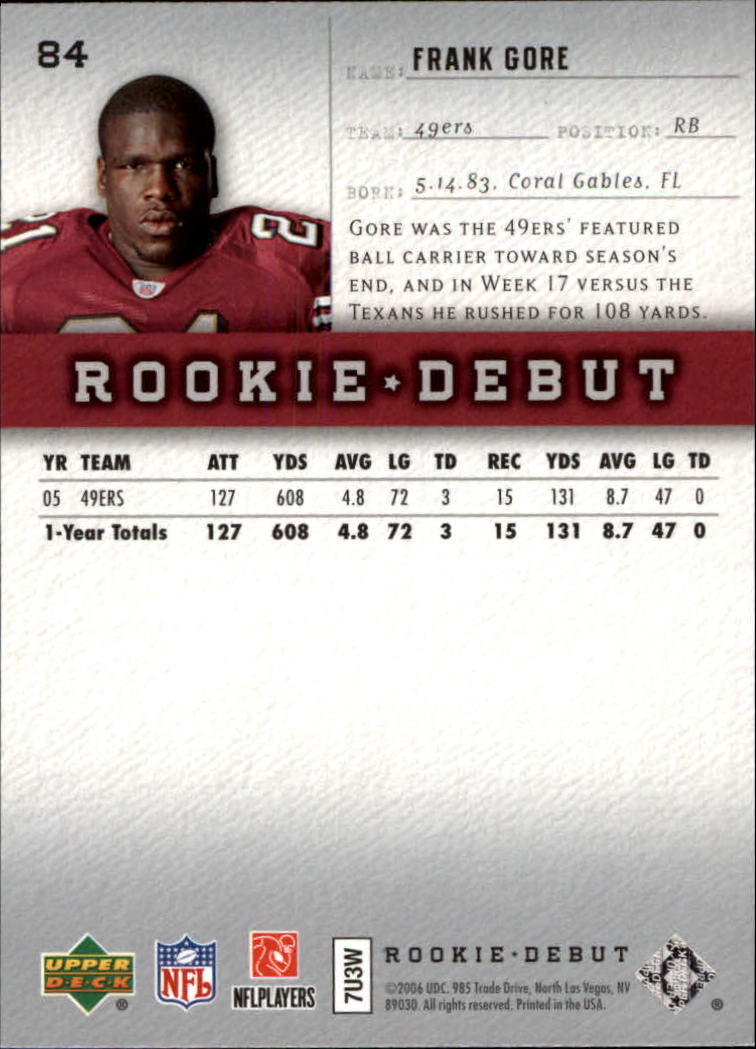 2006 Upper Deck Rookie Debut #84 Frank Gore back image