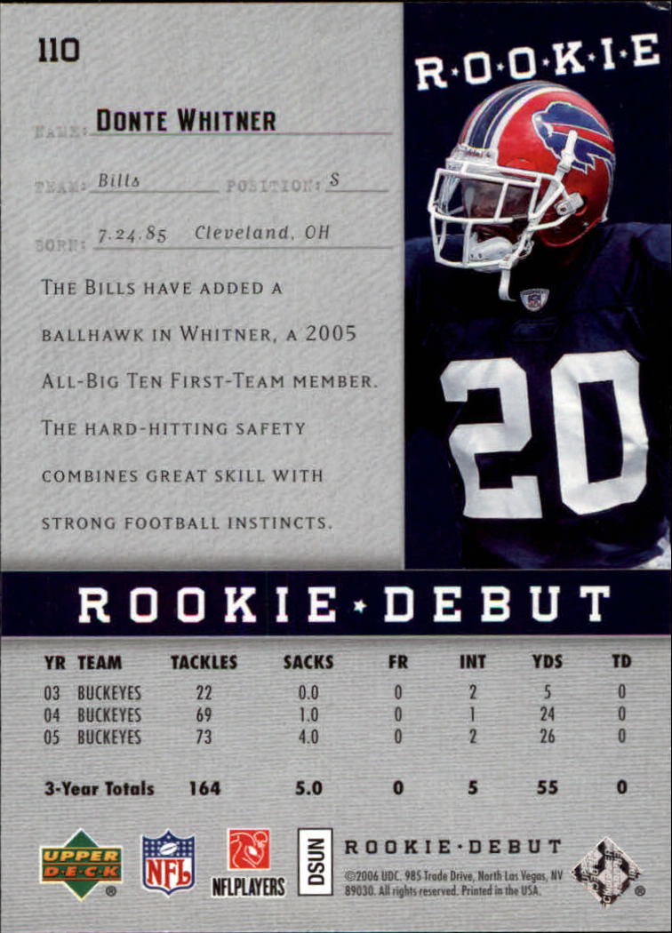 2006 Upper Deck Rookie Debut #110 Donte Whitner RC back image