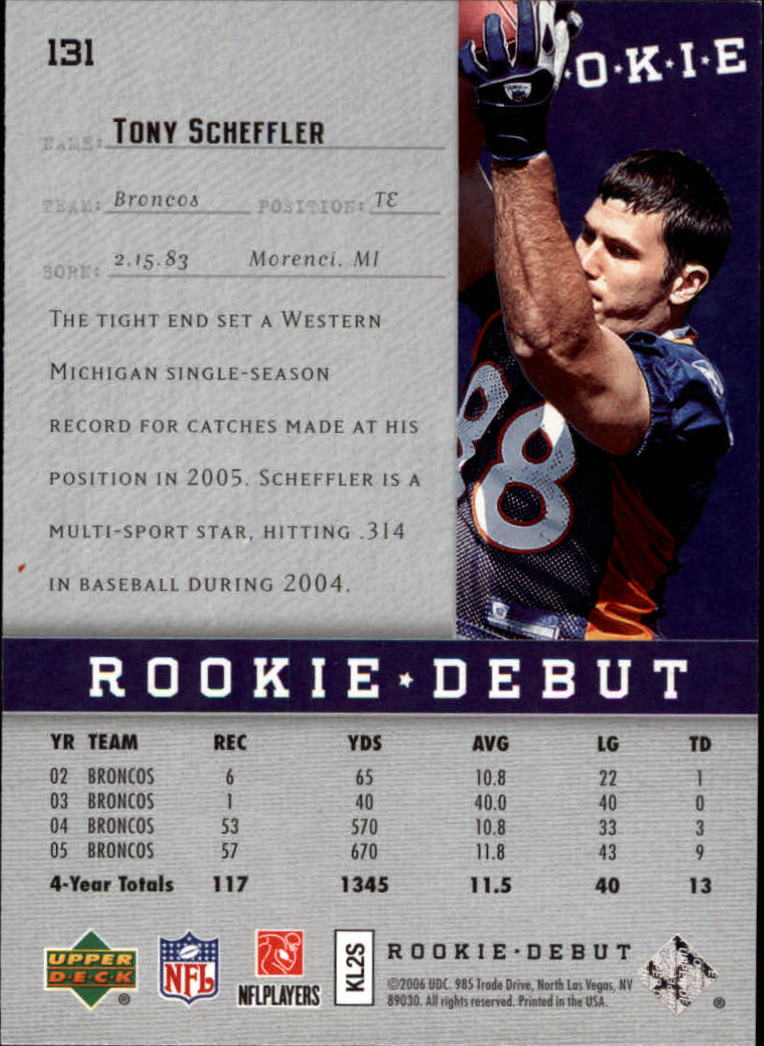 2006 Upper Deck Rookie Debut #131 Tony Scheffler RC back image