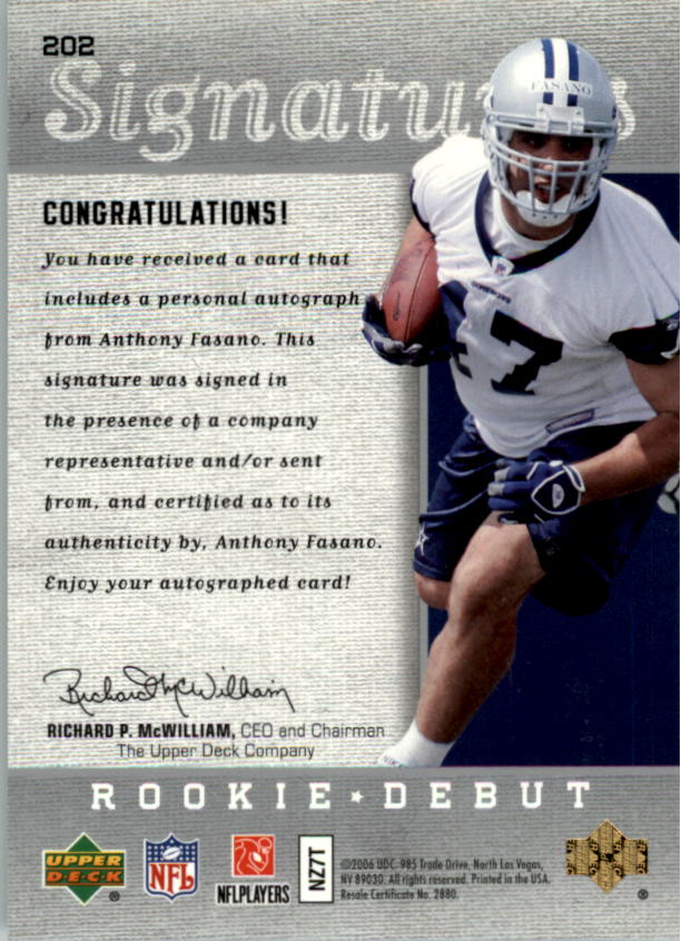 2006 Upper Deck Rookie Debut #202 Anthony Fasano AU RC back image