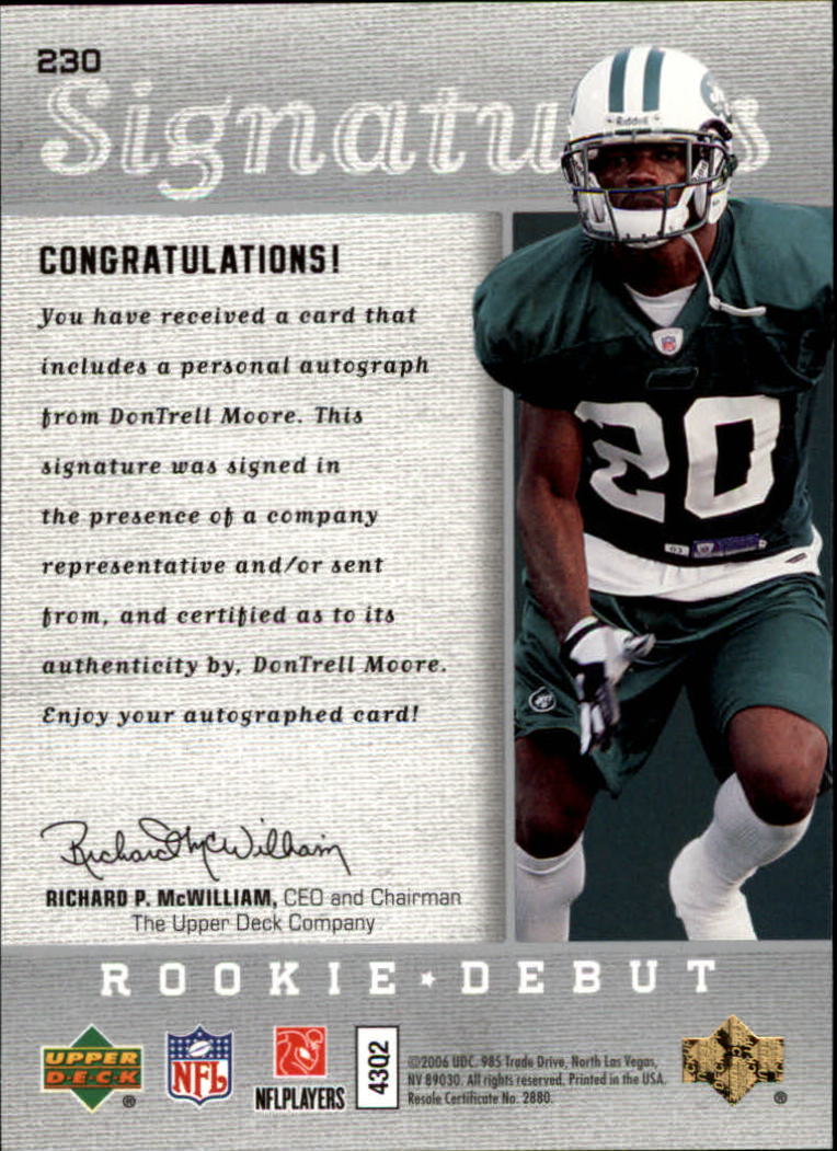 2006 Upper Deck Rookie Debut #230 DonTrell Moore AU RC back image