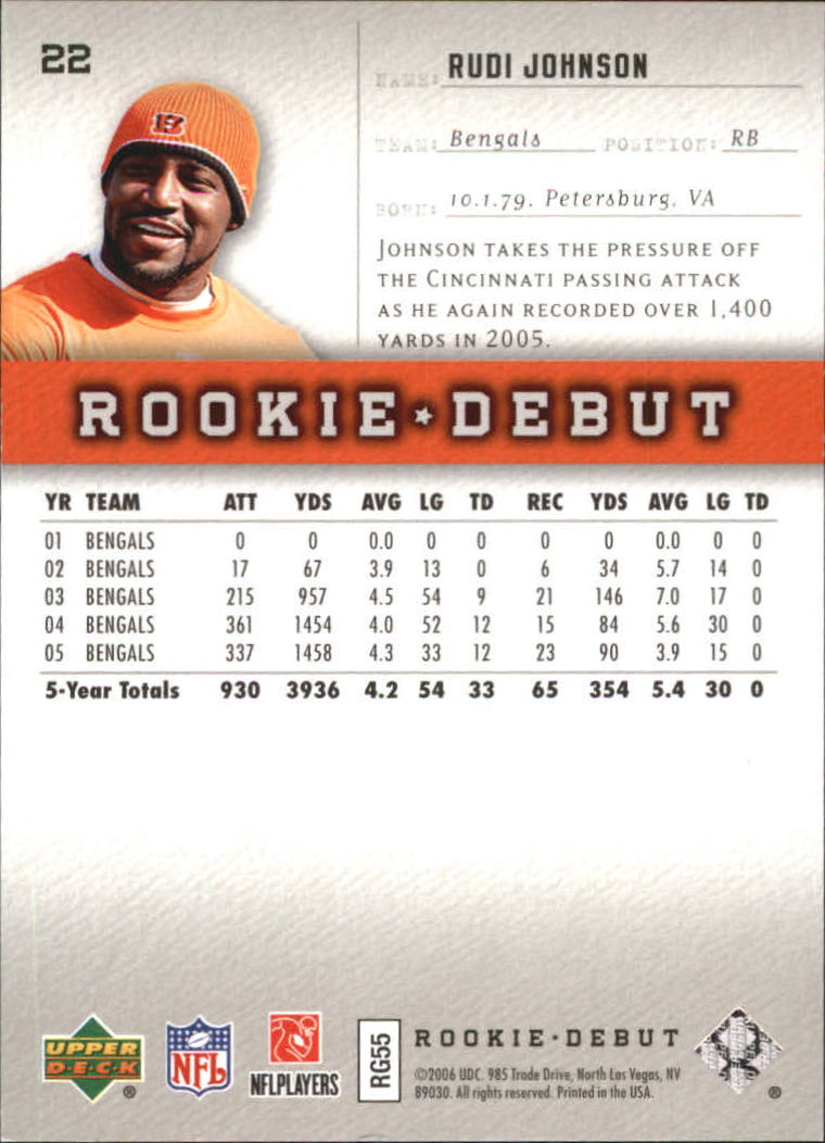 2006 Upper Deck Rookie Debut Holofoil #22 Rudi Johnson back image