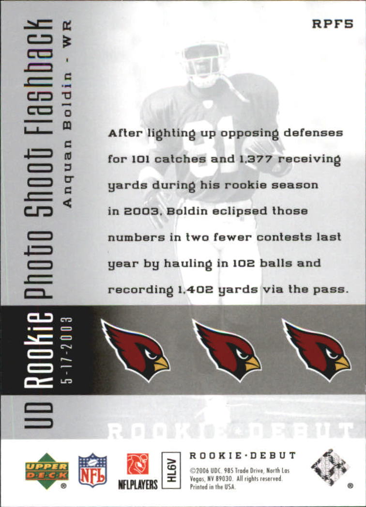 2006 Upper Deck Rookie Debut Rookie Photo Shoot Flashback Silver #RPF5 Anquan Boldin back image