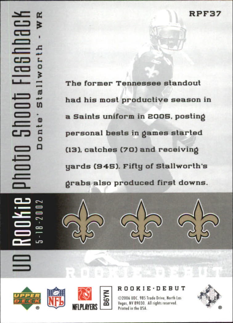 2006 Upper Deck Rookie Debut Rookie Photo Shoot Flashback Silver #RPF37 Donte Stallworth back image