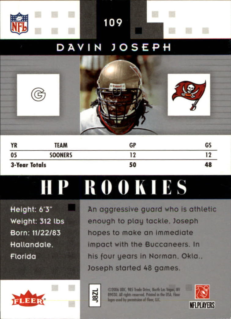 2006 Hot Prospects #109 Davin Joseph RC back image