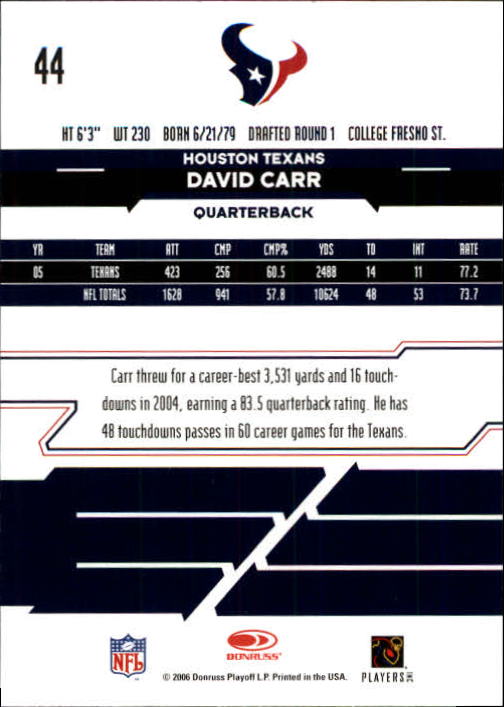 2006 Leaf Rookies and Stars #44 David Carr back image
