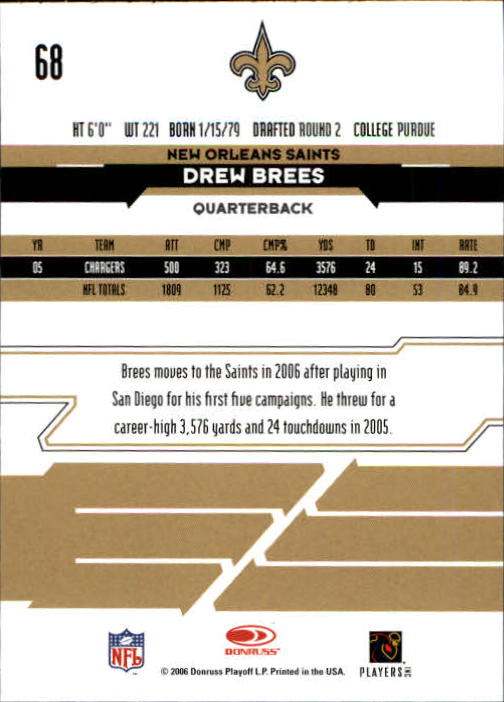 2006 Leaf Rookies and Stars #68 Drew Brees back image