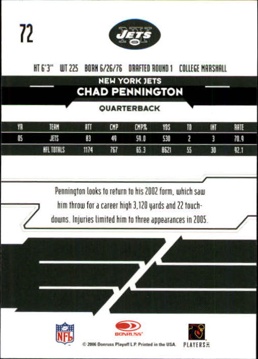 2006 Leaf Rookies and Stars #72 Chad Pennington back image